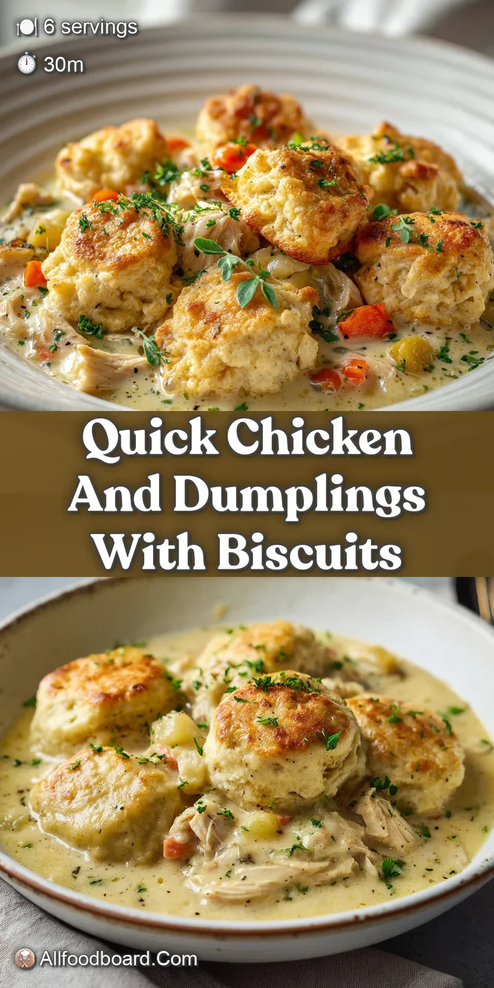 Close-up of steamy chicken and dumplings: glistening gravy coats tender chicken and soft dumplings, flecked with fresh her...