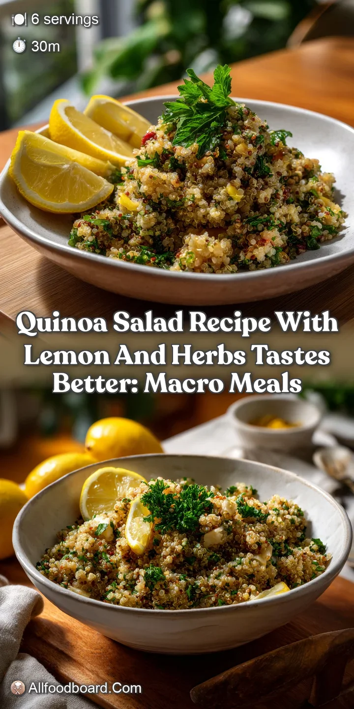 Close-up of a refreshing quinoa salad showcasing the textures of the fluffy grains, fresh herbs, and juicy lemon. A health...