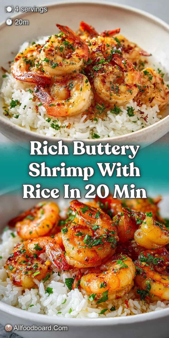 Close-up showing succulent shrimp bathed in rich, golden-yellow butter sauce, served over steaming white rice. A delicious...