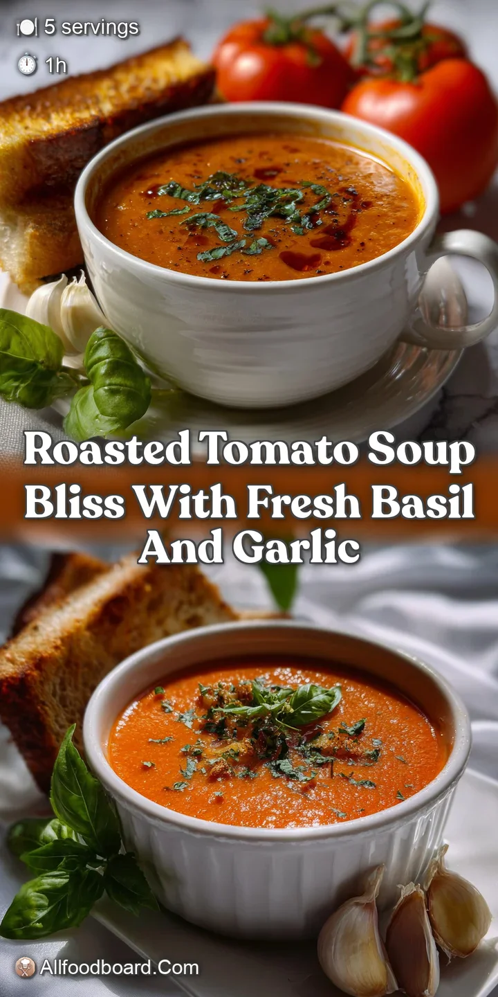 Close-up of steaming, glossy tomato soup with floating basil leaves. The rich red hue contrasts beautifully with the green...