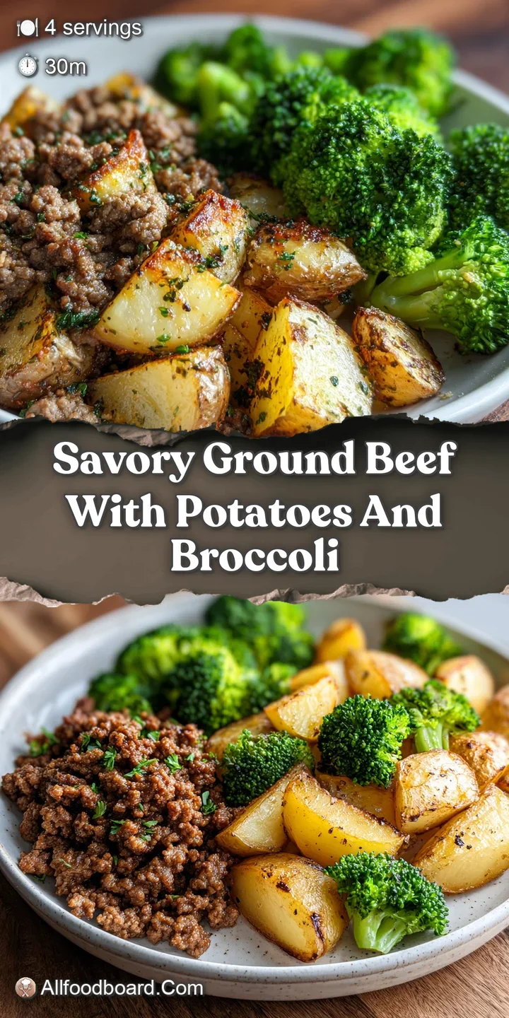 Close-up of browned ground beef crumbles, tender potato chunks, and vibrant green broccoli, coated in a rich, savory sauce...