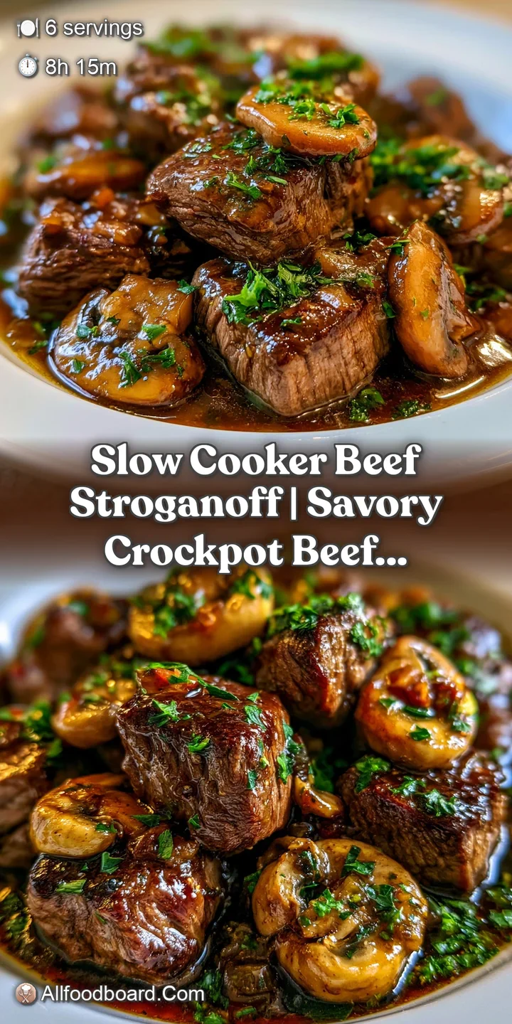 Extreme close-up of tender beef pieces smothered in a glossy, creamy mushroom sauce with visible herbs and pepper.