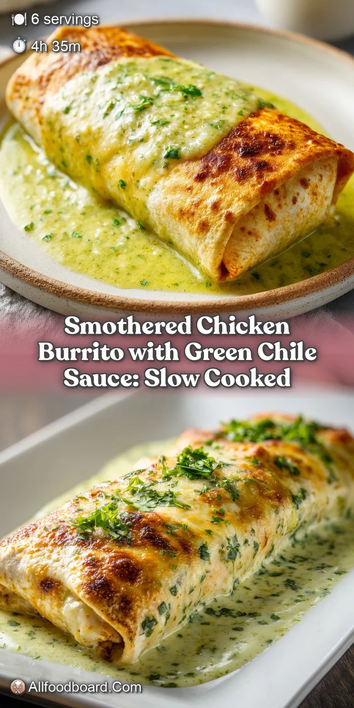 Close-up of a burrito, showing juicy chicken and melted cheese glistening beneath a river of spicy, bright green chile sauce.