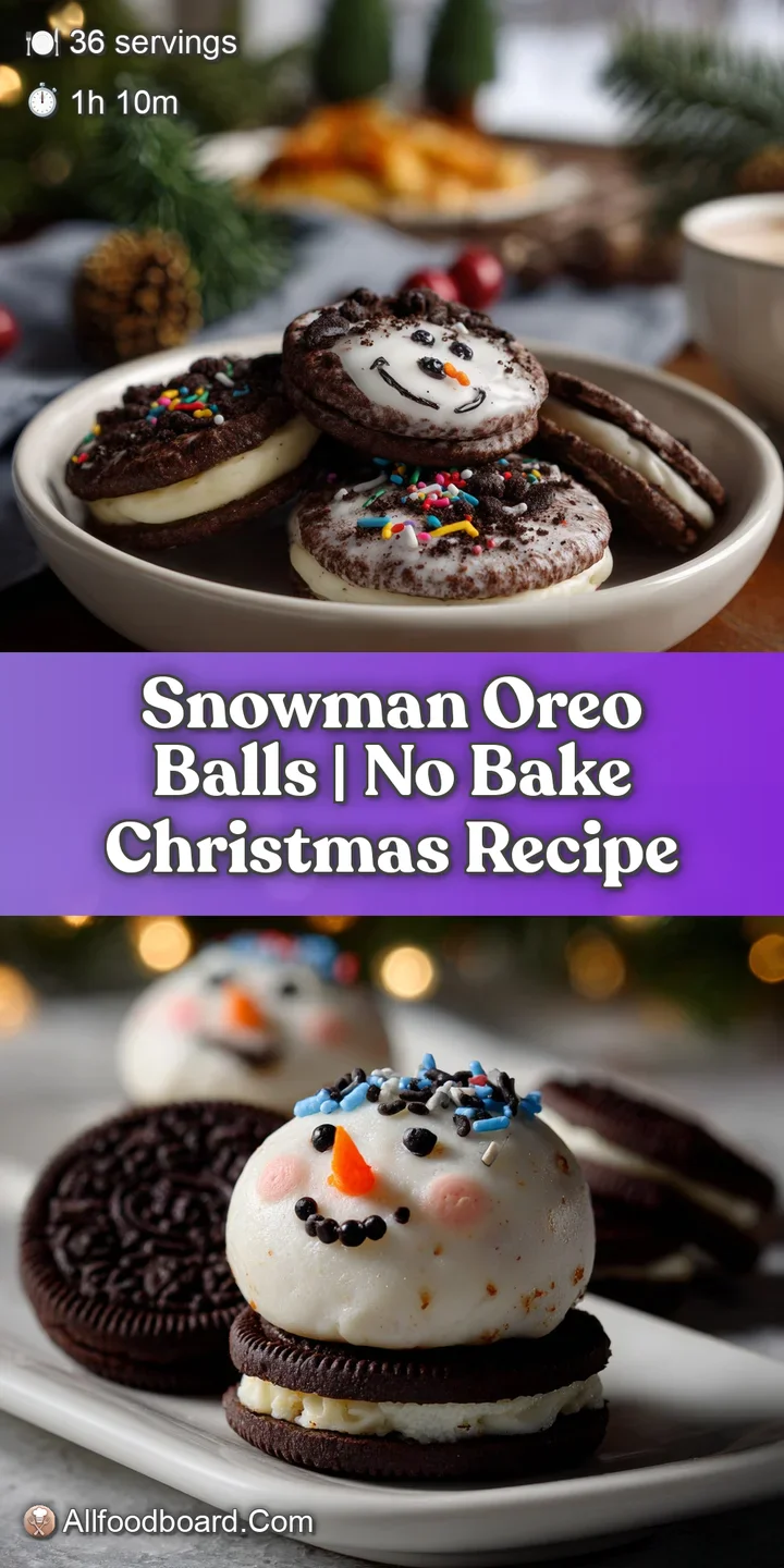 Close-up of a delightful snowman Oreo ball, highlighting the rich white chocolate, candy decorations, and smooth, round sh...