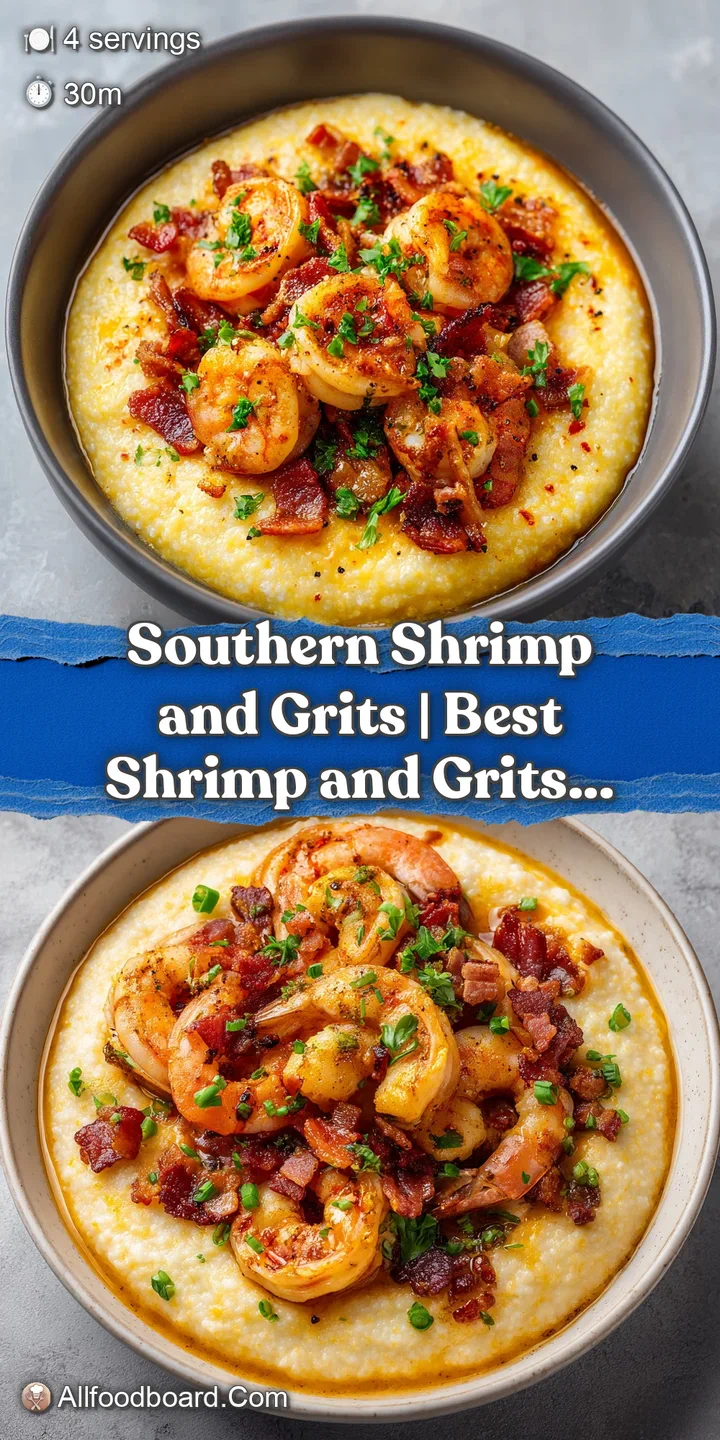 Close-up of tender, seared shrimp nestled in a swirl of smooth, golden-hued grits, with a hint of steam.