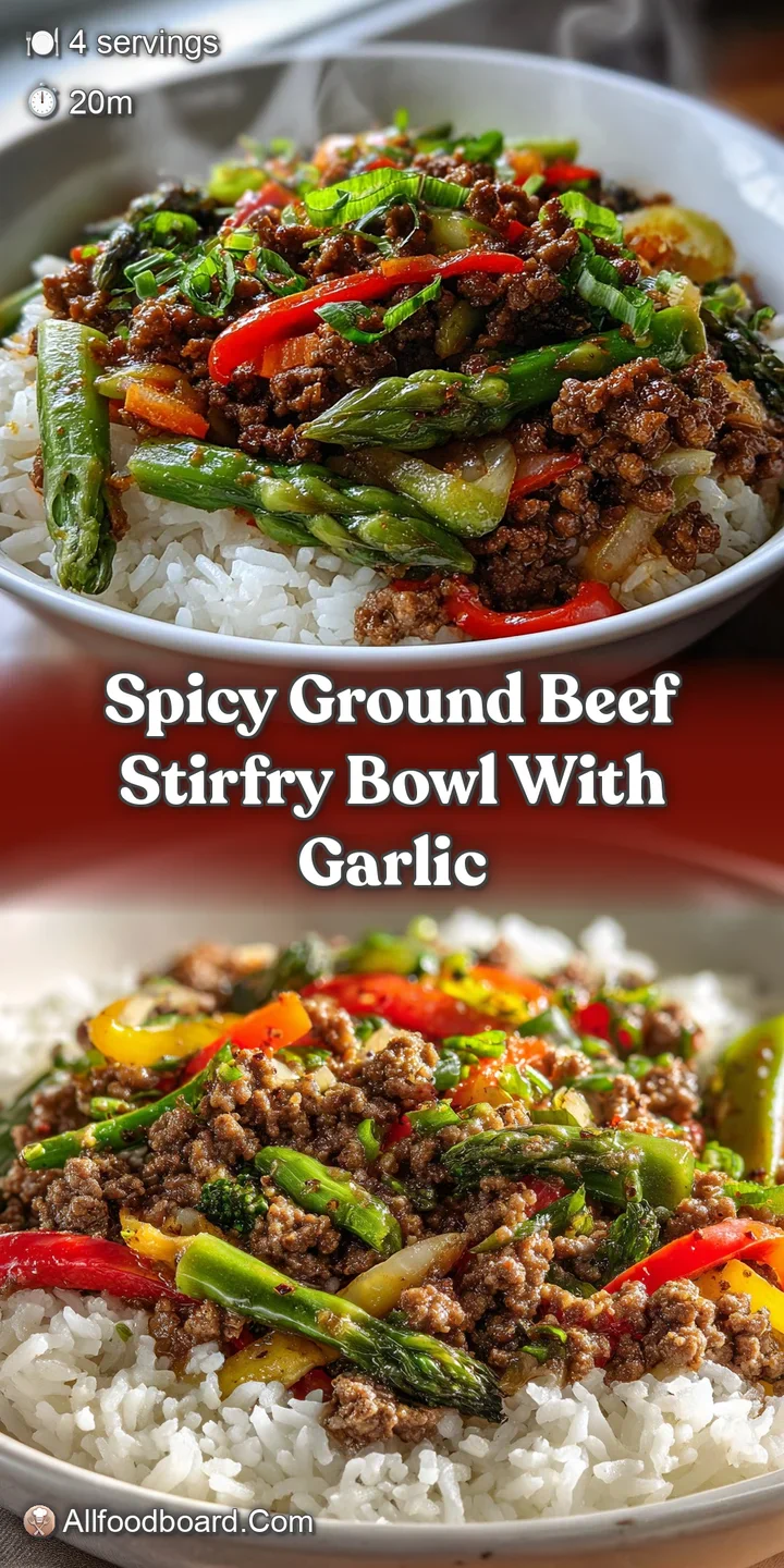 Close-up reveals the juicy ground beef and glistnening, tender-crisp vegetables coated in rich spicy sauce over steaming r...