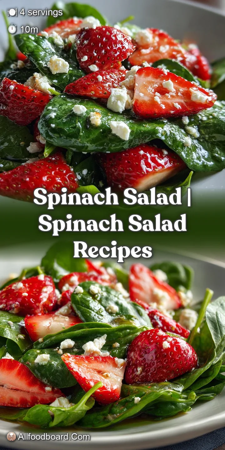 Close-up: Glossy spinach leaves, juicy strawberries, and slivered almonds coated in a light, tangy vinaigrette. Visually a...