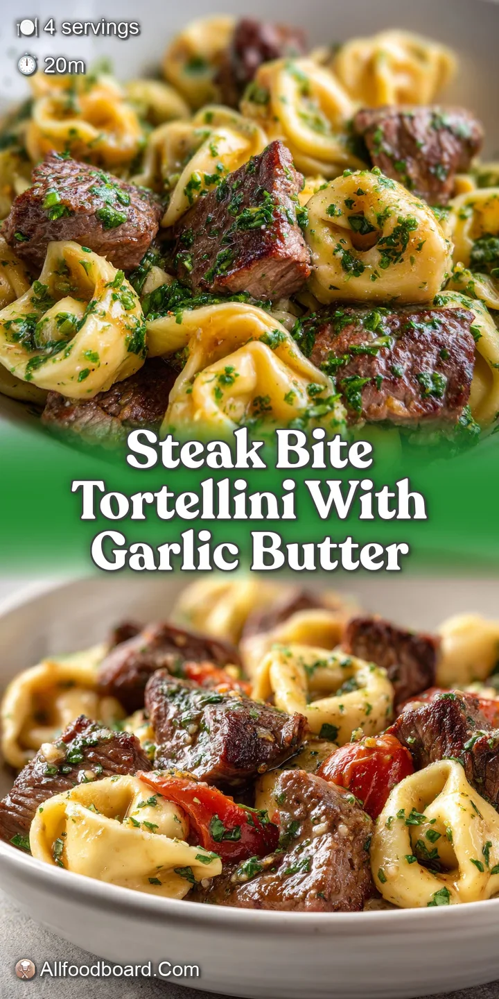 Close-up of juicy steak bite beside plump tortellini, coated in garlic butter, glistening, and inviting to eat on screen.