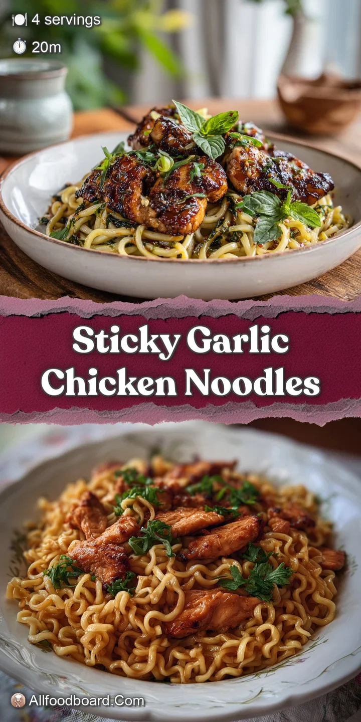 Enticing shot of sticky noodles tangled with crispy chicken, a dark, glossy sauce coating every strand, promising savory f...