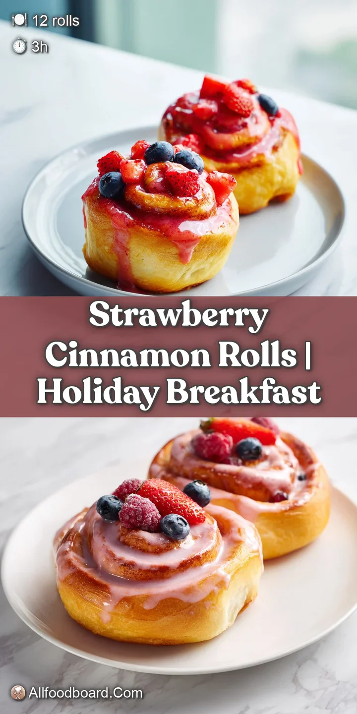 Macro shot of gooey cinnamon swirls with melted strawberry jam and thick, dripping white cream cheese frosting.