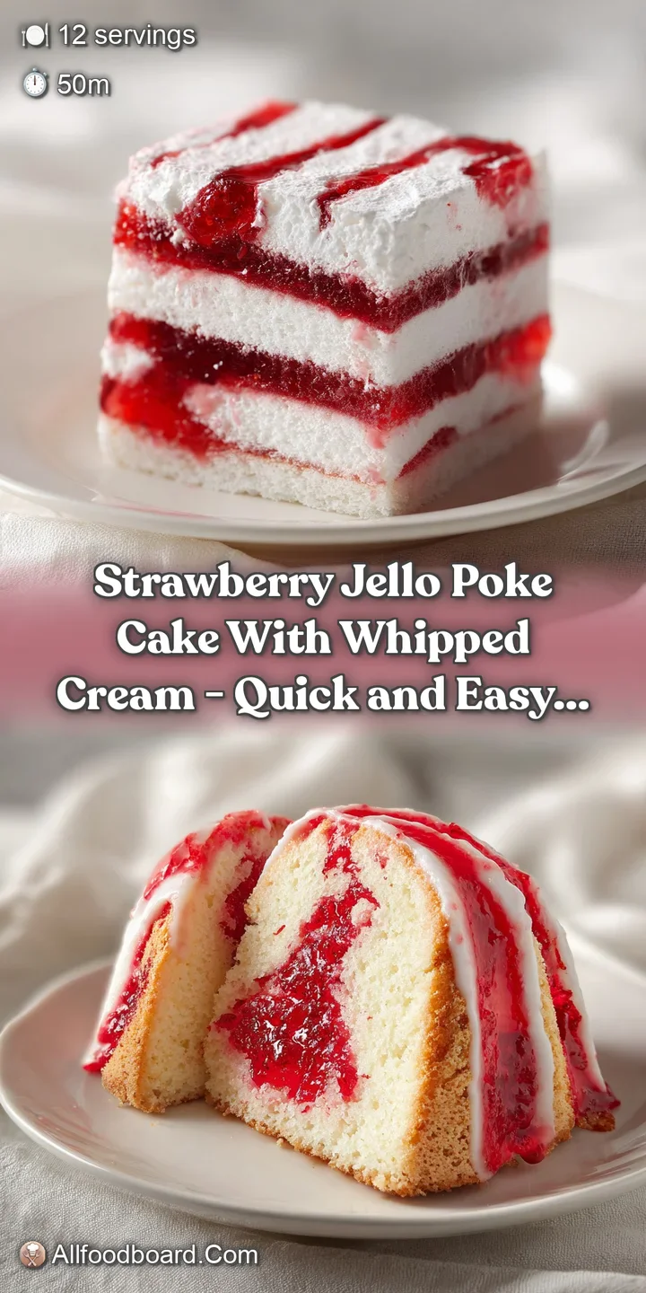 Close-up of vibrant red gelatin pockets inside a fluffy white cake, topped with a swirl of airy whipped cream.