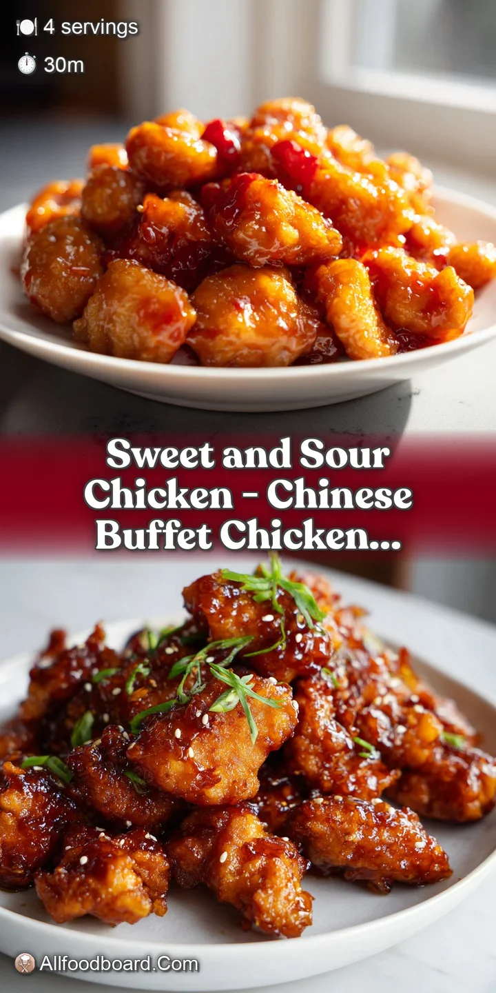 Close-up showcasing the sticky, caramelized texture of sweet and sour chicken, with bright red and green bell pepper peeki...