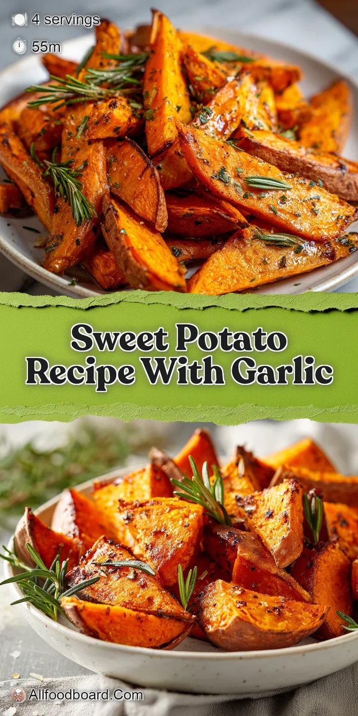 Close-up of a glistening, caramelized sweet potato wedge; warm, roasted texture with visible garlic and herb seasoning for...