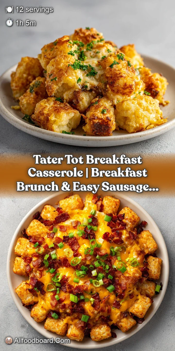 Crispy tater tots form a textured golden topping over a fluffy, creamy egg mixture dotted with red pepper flakes.