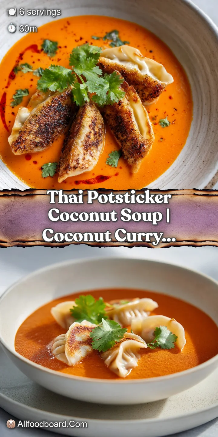 Extreme close-up of a golden-brown seared dumpling emerging from a rich, creamy coconut broth with vibrant green herbs.