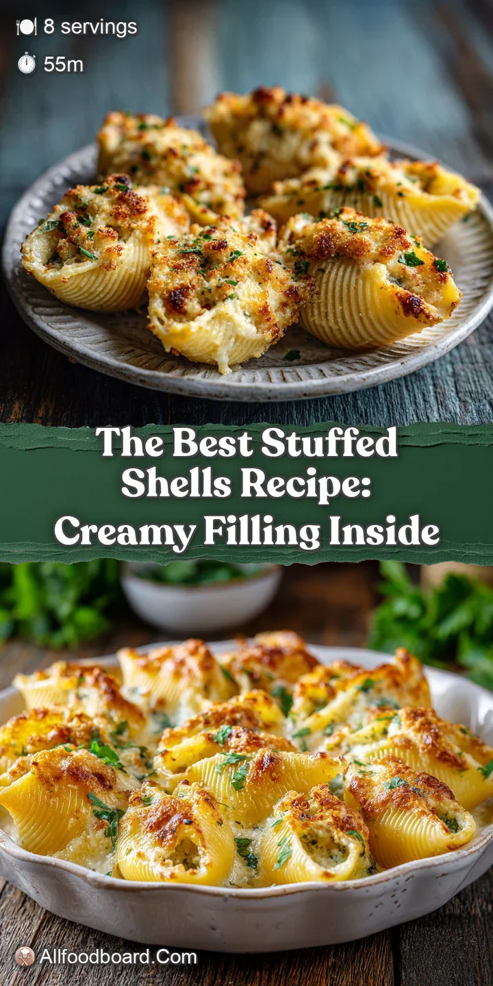 Close-up: Stuffed pasta shell with browned cheese crust, rich meat filling. Steaming sauce pools around it, showing depth ...