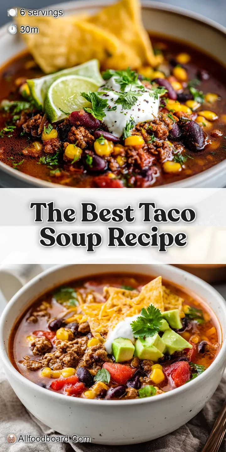 Close-up of hearty taco soup with glistening broth, plump kernels of corn, & savory ground beef, topped with melted cheese.