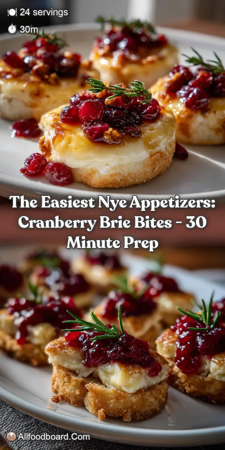 Close-up of a warm, bubbling brie bite with a glistening, ruby-red cranberry topping, hinting at a melty, creamy interior ...