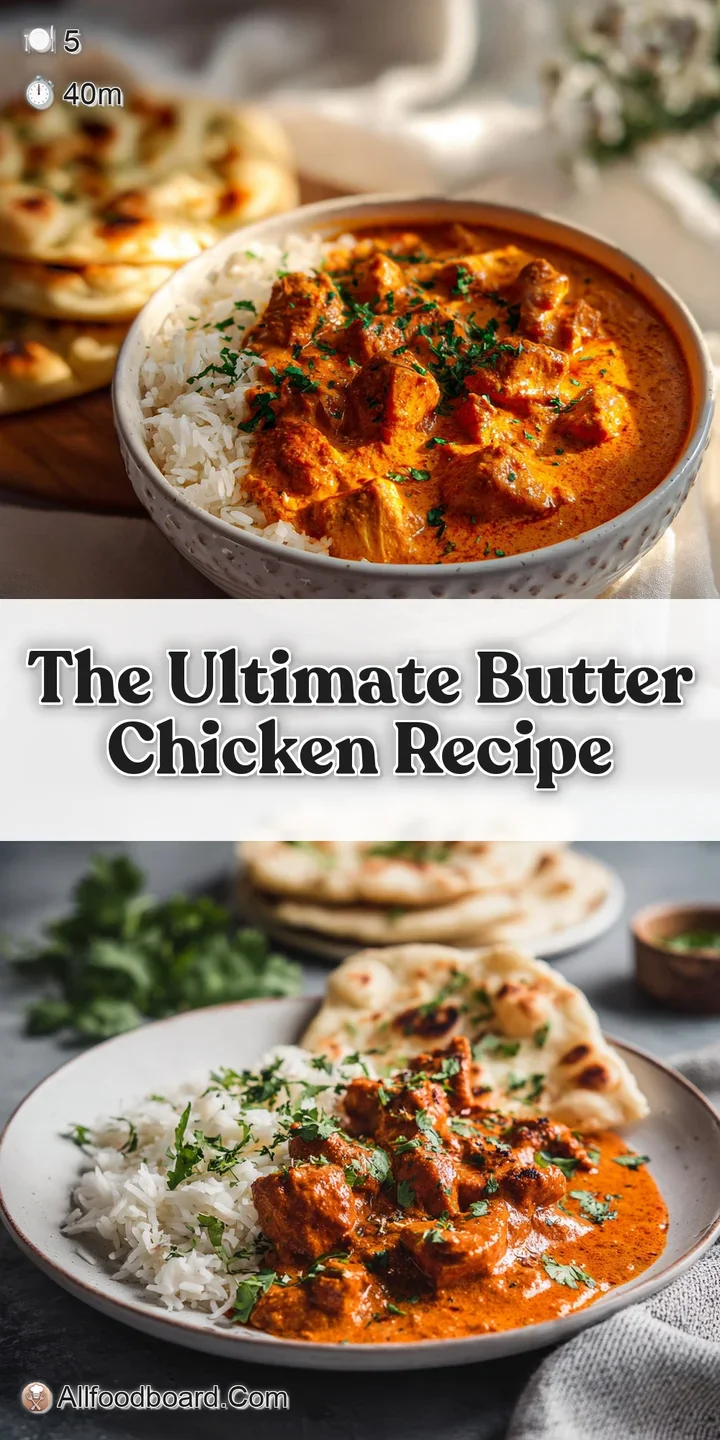 Close-up of rich, creamy butter chicken: tender chicken pieces coated in a vibrant, aromatic, tomato-based sauce.