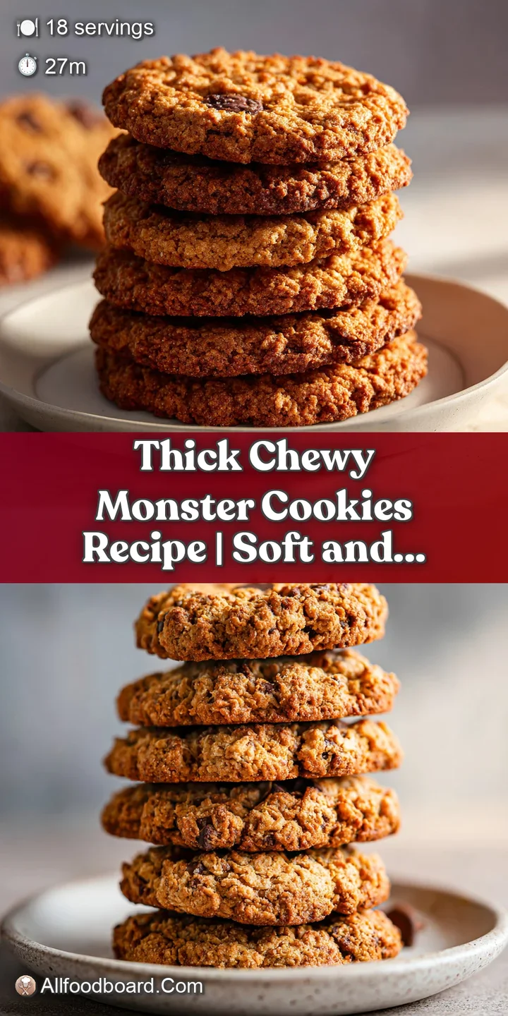 Close-up of a chunky monster cookie overflowing with oats, chocolate chips, and speckled candy pieces. Warm, inviting text...