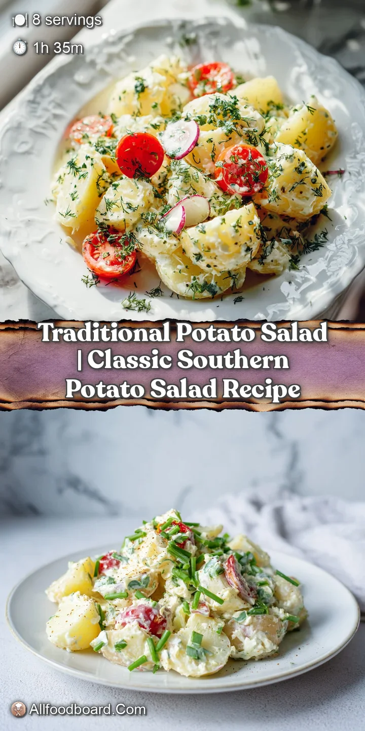 Close-up of tender potato chunks coated in a rich, smooth dressing, with visible dill and a hint of mustard.