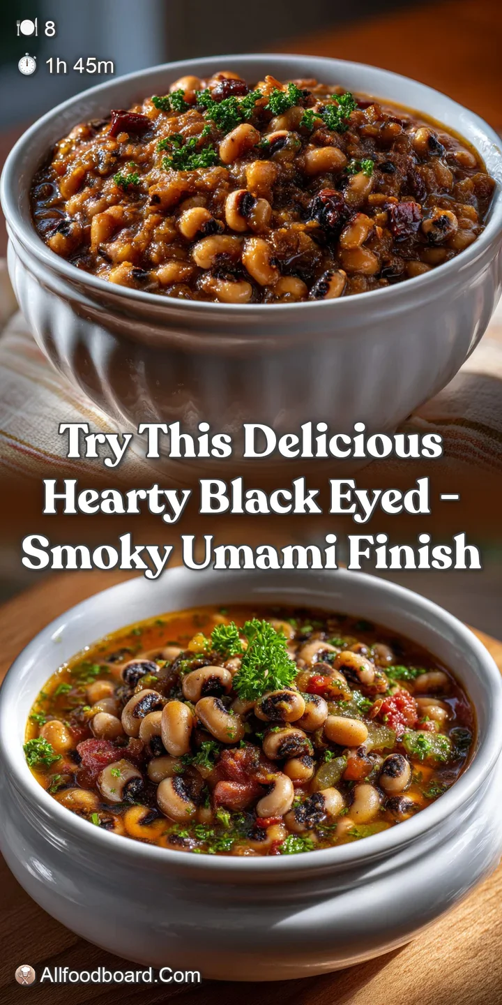 Close-up of a bubbling pot of black-eyed peas, showcasing the creamy texture and rich, dark broth. Hints of spice and stea...