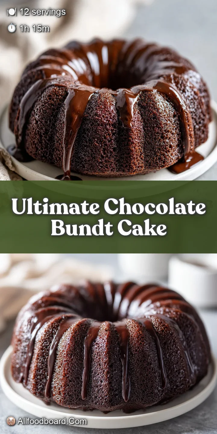 Close-up of a rich, dark chocolate bundt cake, showing the moist crumb and glistening, decadent chocolate glaze.
