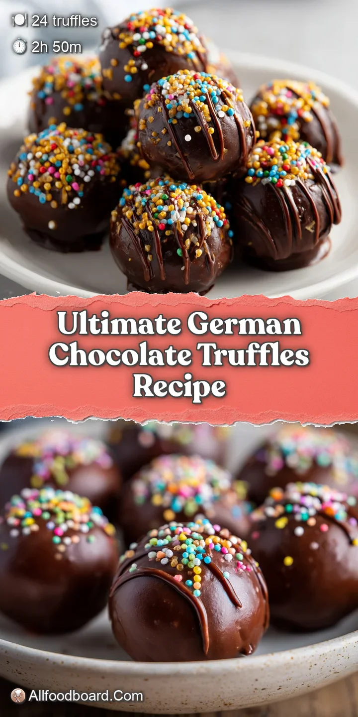 Close-up of a single, luscious German chocolate truffle revealing a soft texture and generous coating of toasted coconut, ...