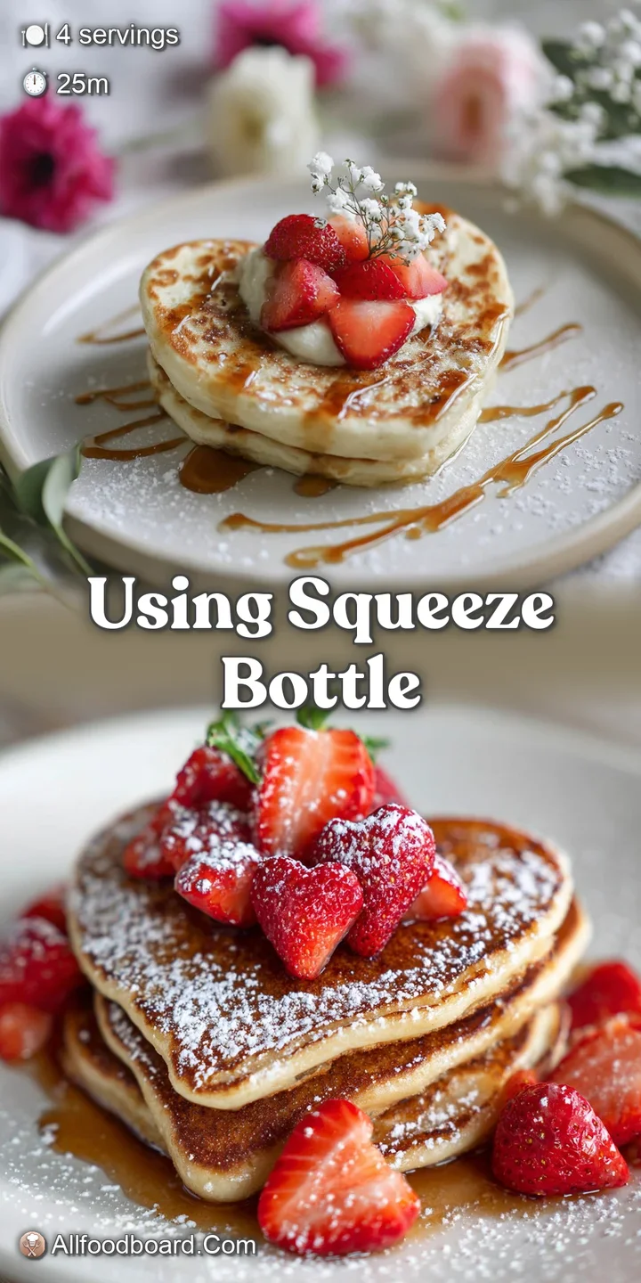 Close-up of golden heart-shaped pancakes; powdered sugar melting slightly. Fresh juicy strawberries and whipped cream add ...