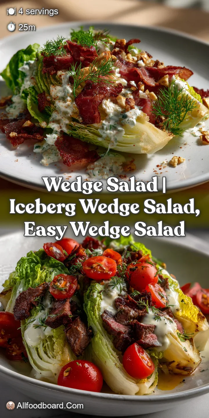 Close-up of a refreshing iceberg lettuce wedge. Creamy dressing coats the crisp leaves, studded with juicy tomato and smok...
