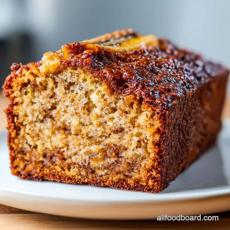 Slices of banana bread on a white plate, drizzled with caramel, dusted with powdered sugar, garnished with a fresh banana ...