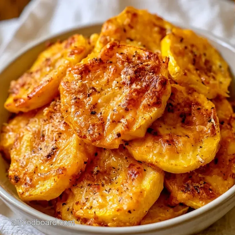 Slices of roasted golden squash arranged neatly on a ceramic dish, garnished with a sprinkle of black pepper.