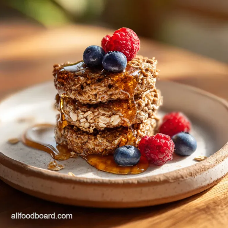 Three energy oatmeal balls stacked on a small plate. Crumbly edges, glossy peanut butter, and a dusting of coconut give a ...