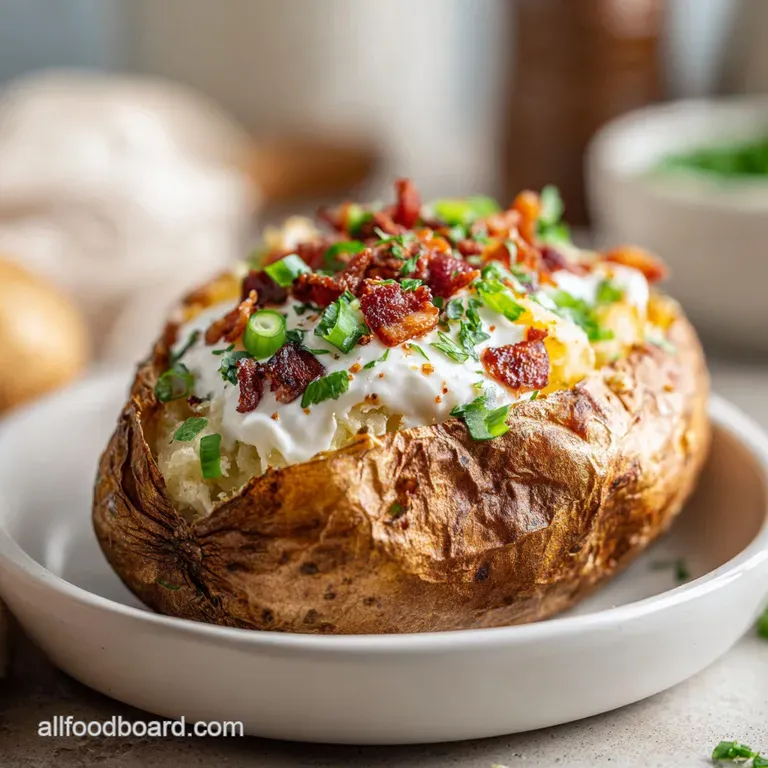 A single, rustic baked potato on a white plate, glistening with melted butter and a sprinkle of chives.