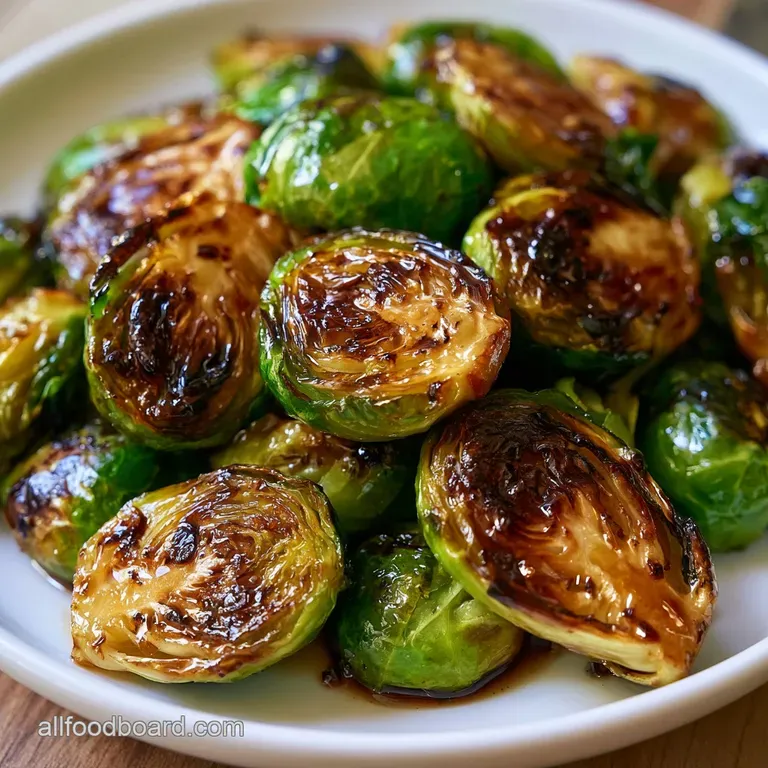 Roasted green sprouts on a white plate with a glossy dark balsamic glaze drizzle and a pinch of red pepper flakes.