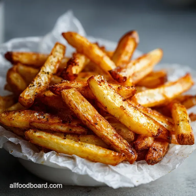 Perfectly crisp, golden fries piled into a white bowl, sprinkled with herbs and flakes of sea salt, ready to enjoy.