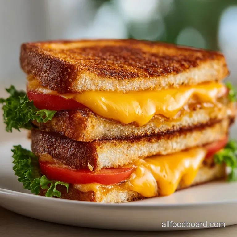 Artfully plated grilled cheese sandwich with a side of vibrant tomato soup and fresh herbs.