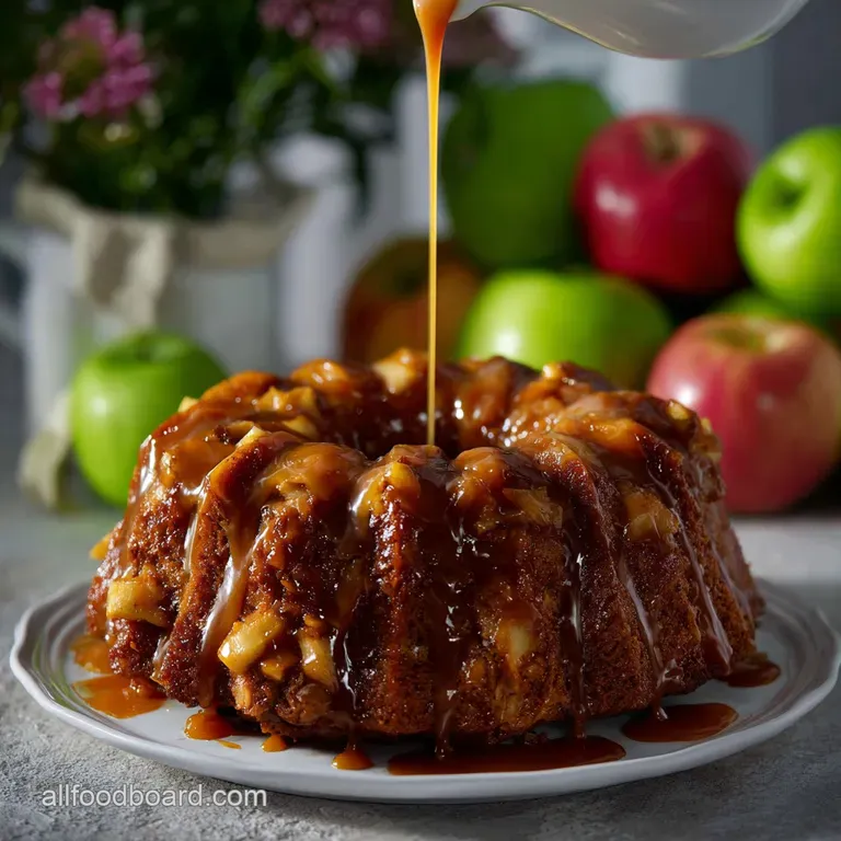 Elegant slice of apple bundt cake with caramel glaze, artfully arranged on a white plate. Hints of warm, inviting textures...