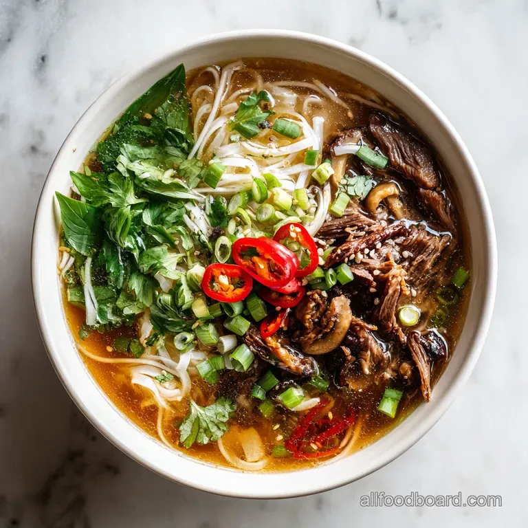 A vibrant bowl of pho artfully arranged with fresh basil, cilantro, lime wedges, and thinly sliced beef.
