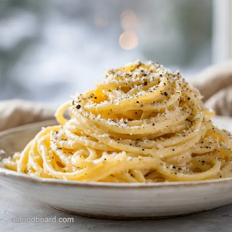 A delicate swirl of Cacio e Pepe pasta, crowned with fresh parsley and a sprinkle of grated Parmesan.