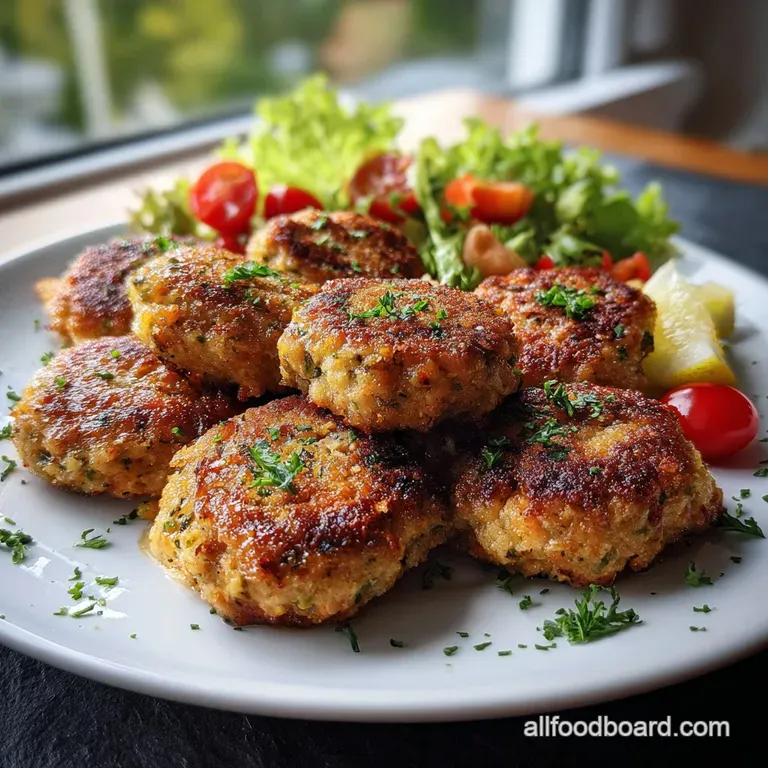 Perfectly browned Frikadellen served alongside creamy potato salad, bright green pickles, creating a vibrant and appetizin...