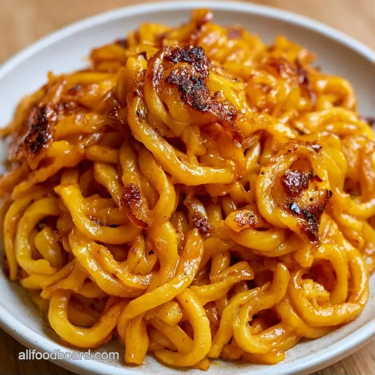 A ceramic bowl filled with buttery, soft egg noodles topped with melted cheese and a sprig of fresh herbs.
