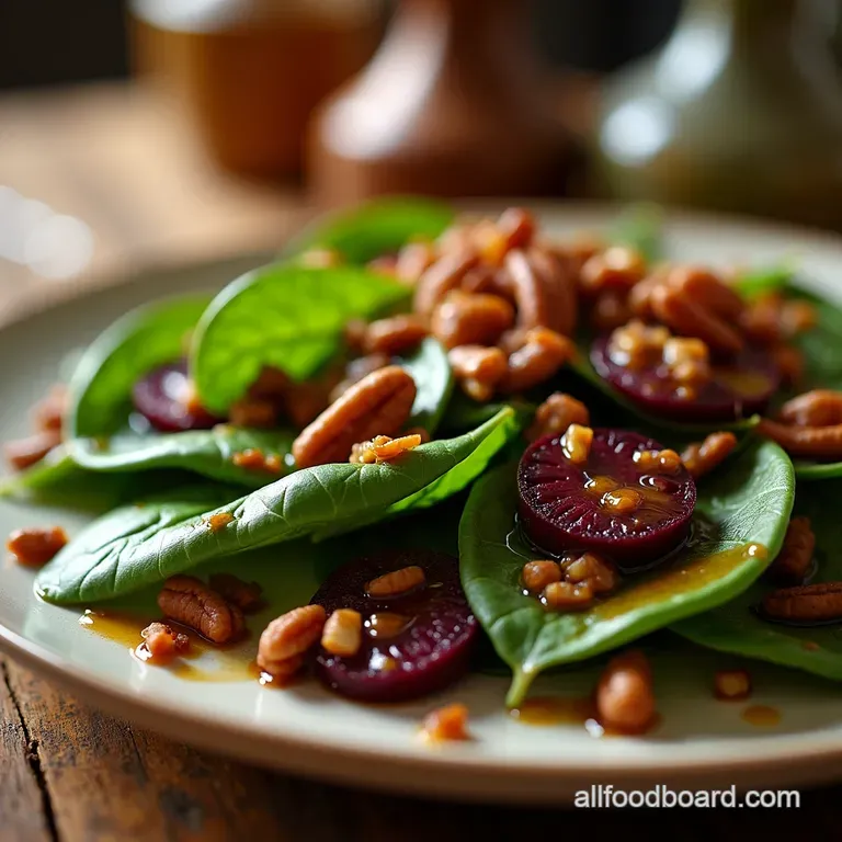 Golden Beet Candied Pecan Spinach Salad with Warm Maplebalsamic Vinaigrette presentation