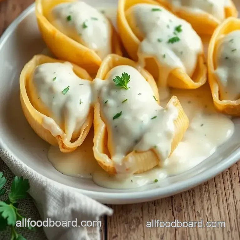 Creamy Alfredo Jumbo Shells Bake presentation