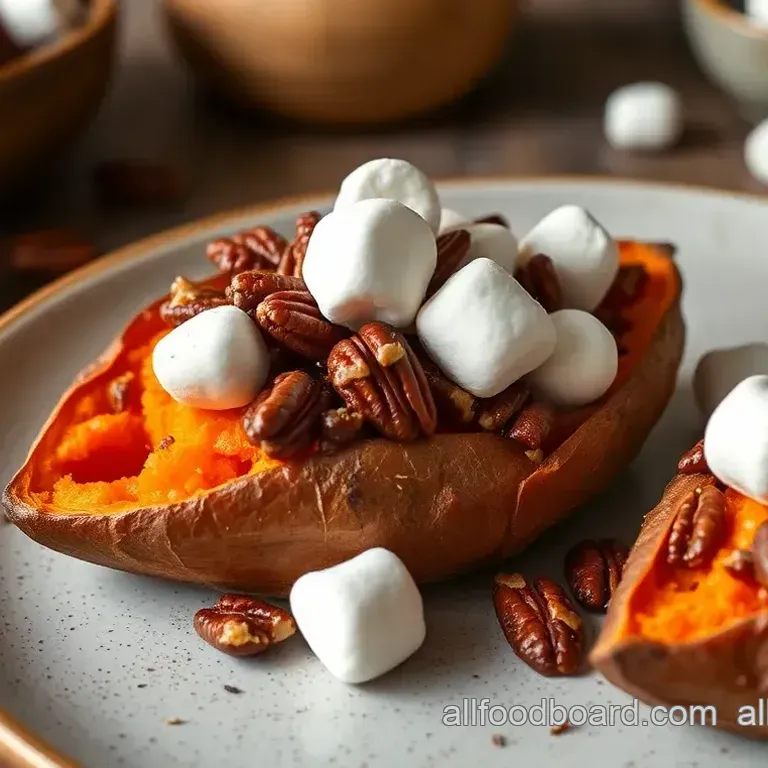 Heavenly Baked Sweet Potatoes with Pecans and Marshmallows