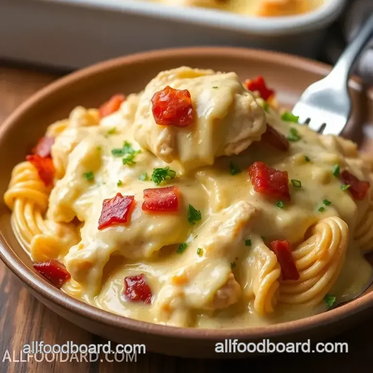 Baked Cheddar Chicken Alfredo with Bacon presentation