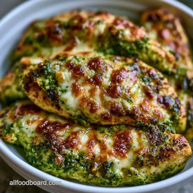 Sliced roasted chicken breasts topped with vibrant green pesto, served alongside charred cherry tomatoes.