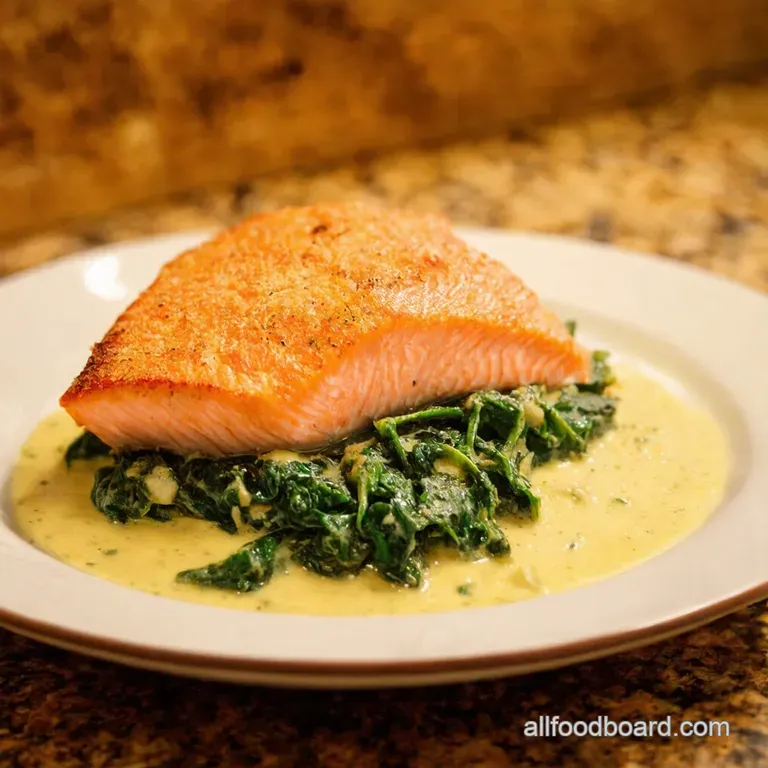 Baked Salmon with Creamy Spinach Parmesan Sauce presentation