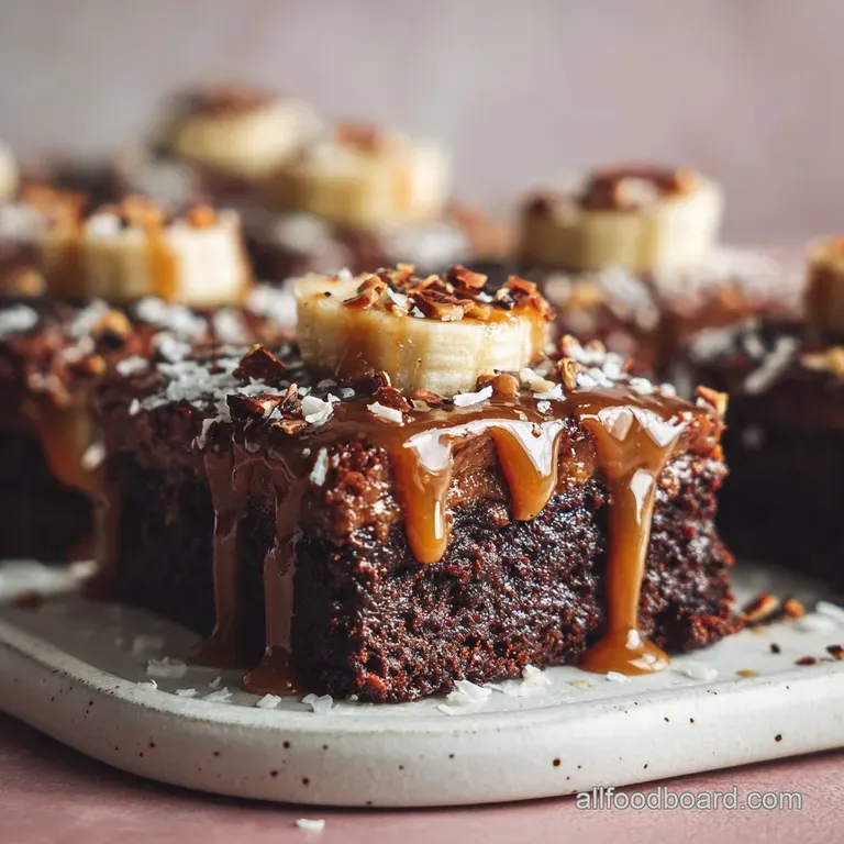 A thick slice of banana bread brownie, its moist crumb calling to you, drizzled with nutty, caramelized brown butter glaze.