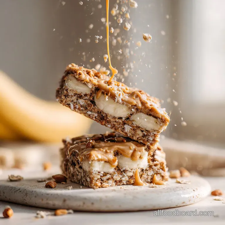 Sliced banana oatmeal bar on a white plate. Drizzle of peanut butter, dusting of oats. Energizing snack ready to eat.